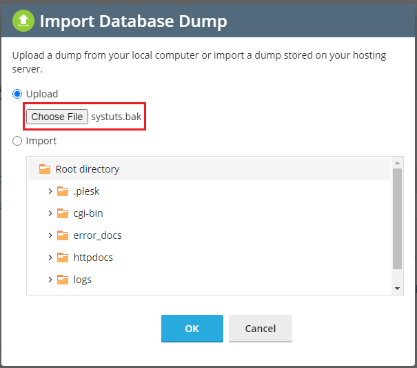 Hướng dẫn Import database Plesk